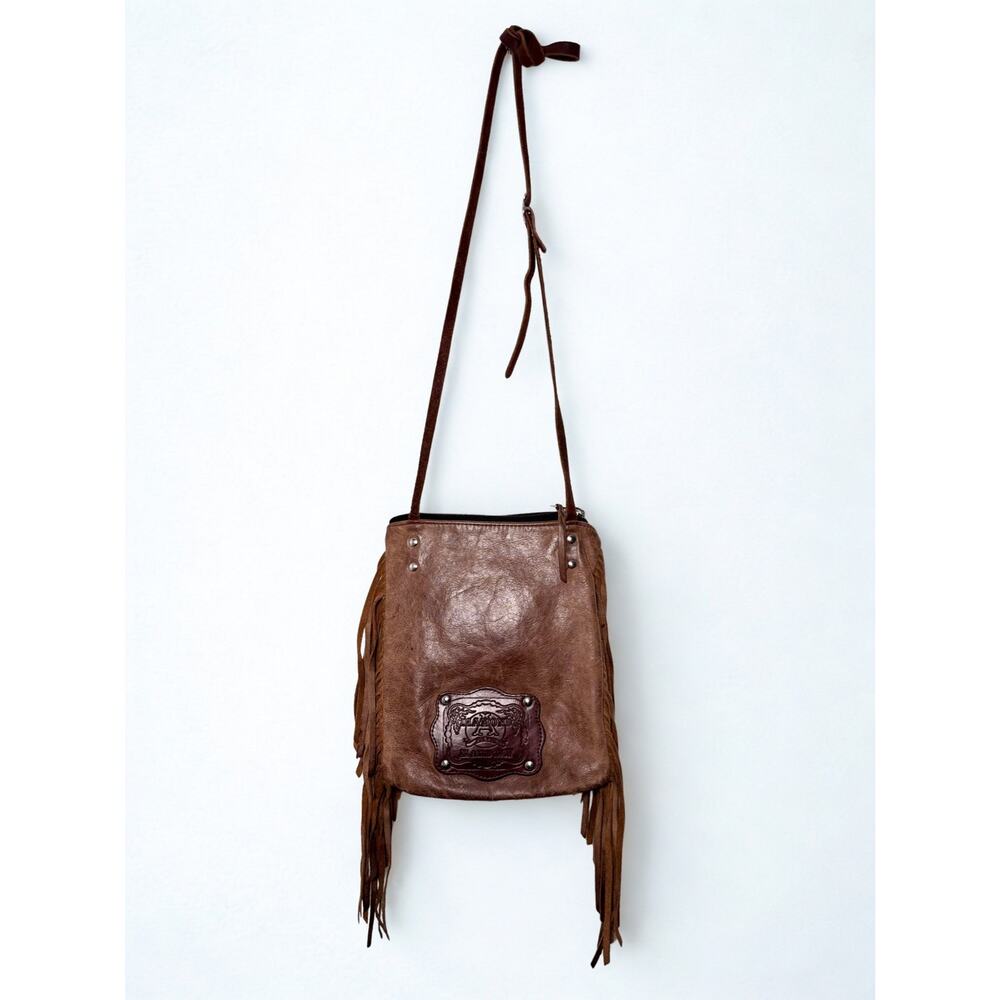 Brown Handcrafted Leather Crossbody Bag with Turquoise Detailing Suede Fringe